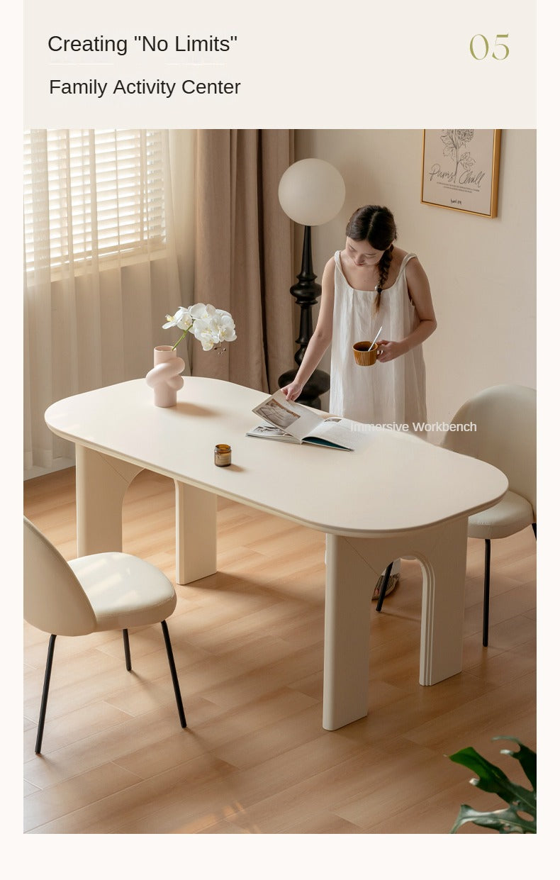 Solid Rubberwood Cream Style Rock Plate Dining Table.