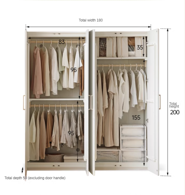Pine Solid Wood Wardrobe French Cream Style.