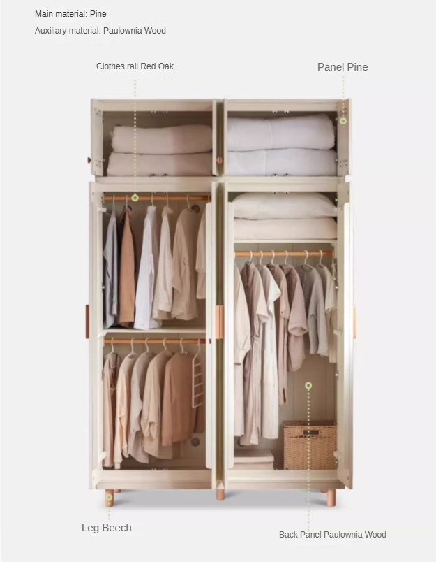 Pine Solid Wood Wardrobe Cream Style.