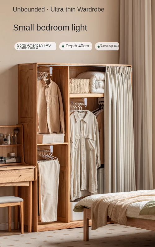 Solid RubberWood, Oak Solid Wood Wardrobe Thin Cloth Curtain.