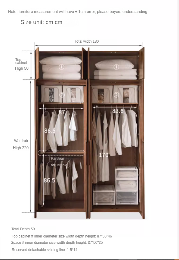 Black Walnut Solid Wood Wardrobe Double Door.