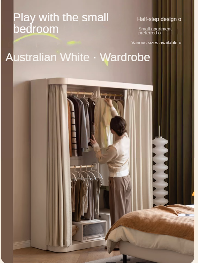 Poplar Solid Wood White Cream Walk-in Curtain Wardrobe.