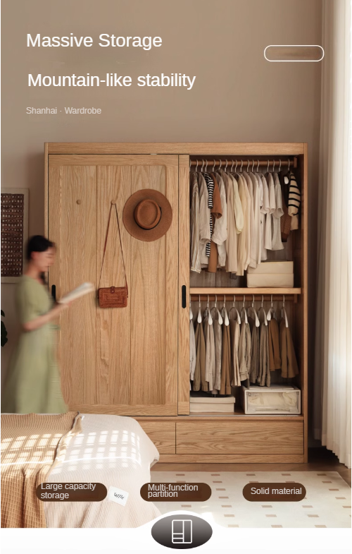 Oak, Ash Solid Wood Wardrobe Sliding Door Modern.