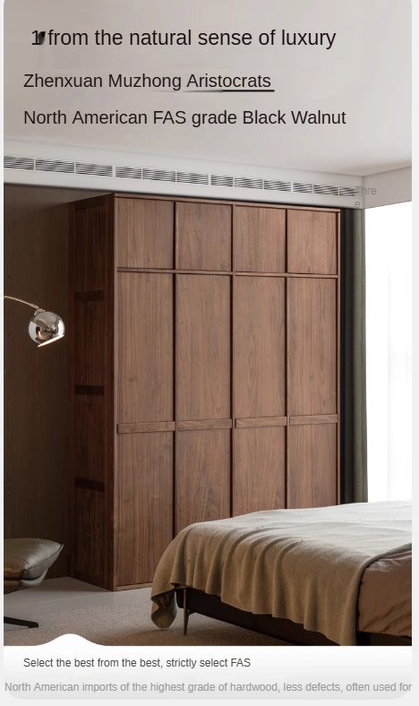 Oak, Cherry Wood, Black Walnut Solid Wood Retro Style Skeleton Line Large Wardrobe.
