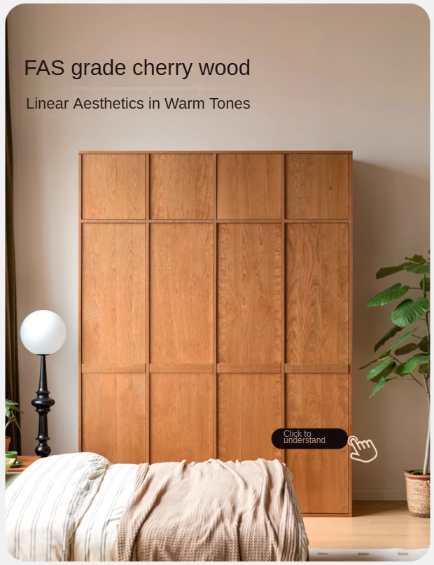 Oak, Cherry Wood, Black Walnut Solid Wood Retro Style Skeleton Line Large Wardrobe.