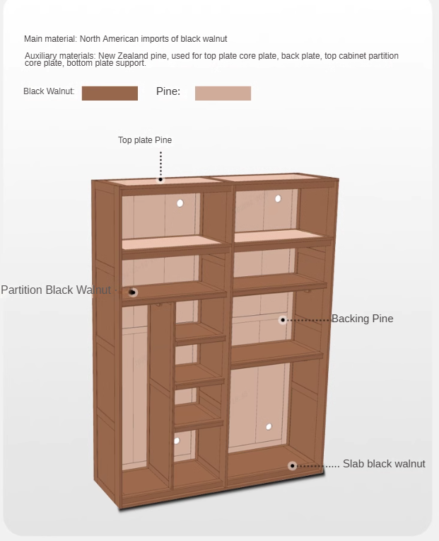 Oak, Cherry Wood, Black Walnut Solid Wood Retro Style Skeleton Line Large Wardrobe.