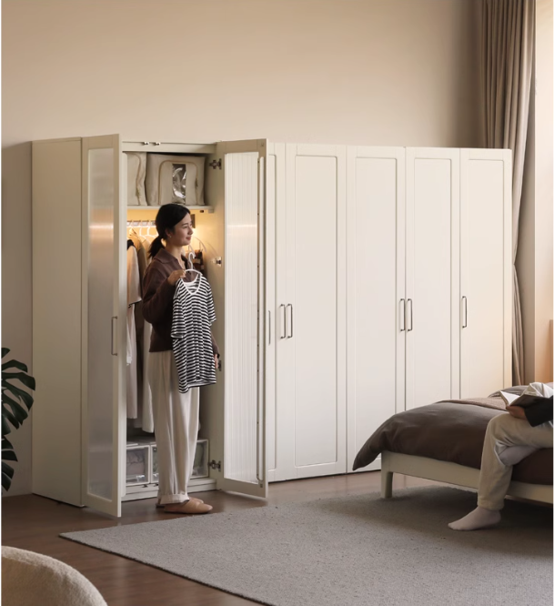 Poplar Solid Wood Modern Lighted Locker White Cream Style Wardrobe.