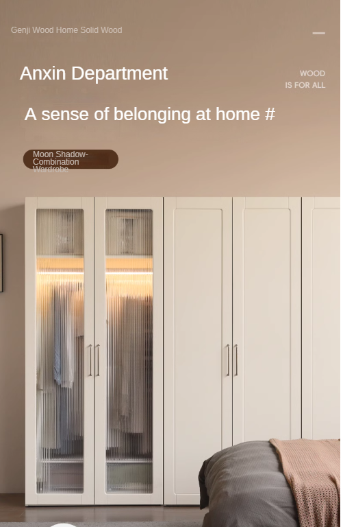 Poplar Solid Wood Modern Lighted Locker White Cream Style Wardrobe.