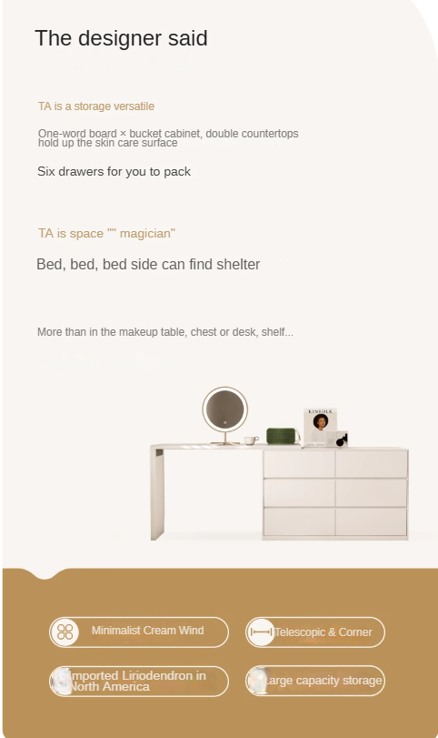 Solid RubberWood Cream Style Telescopic Vanity Table.