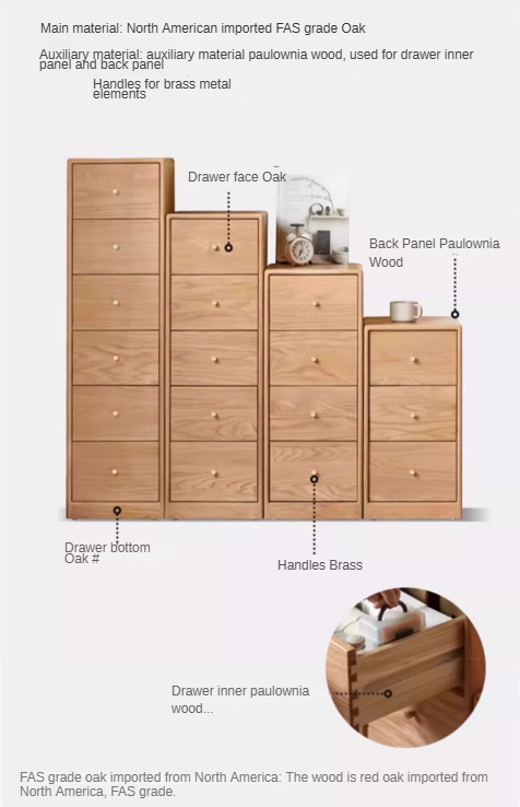 Oak, Beech Solid Wood Chest of Drawers, Multi-Functional Storage Cabinet Combination