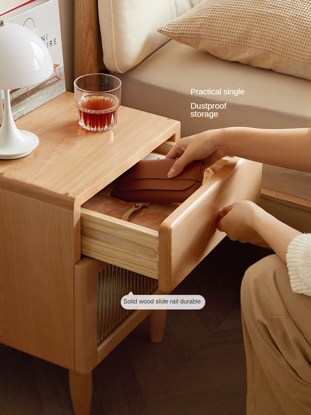 Beech Solid Wood Nightstand With Light