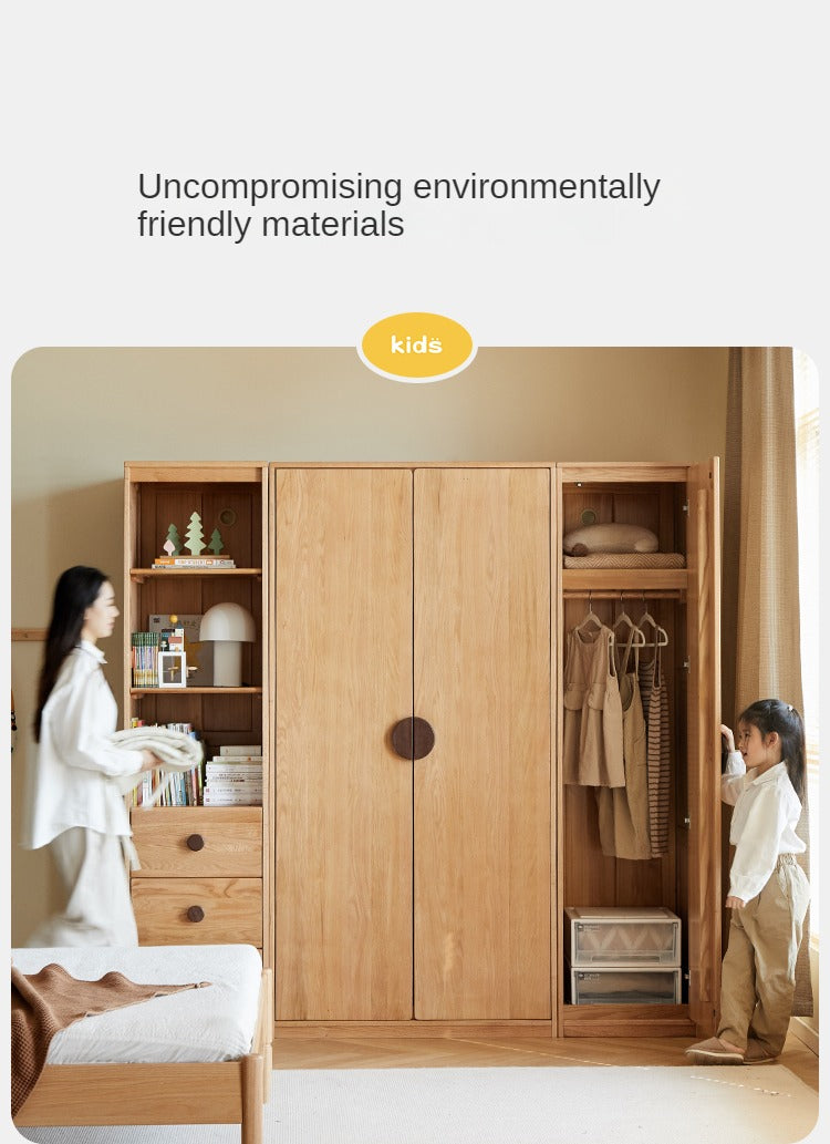 Oak Solid Wood Children's Wardrobe, Bookcase Combination