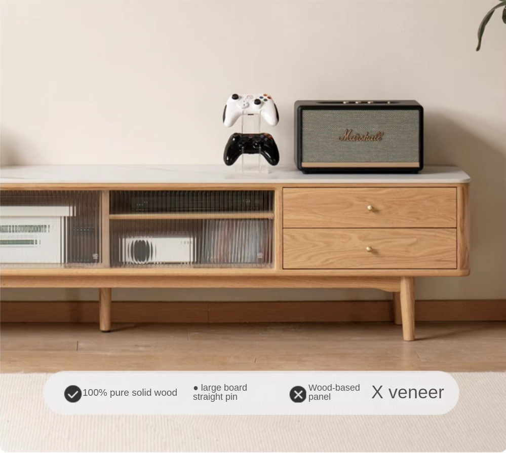 Oak, Poplar, Beech Solid Wood Sliding Door TV Stand With Rock Slab Surface.
