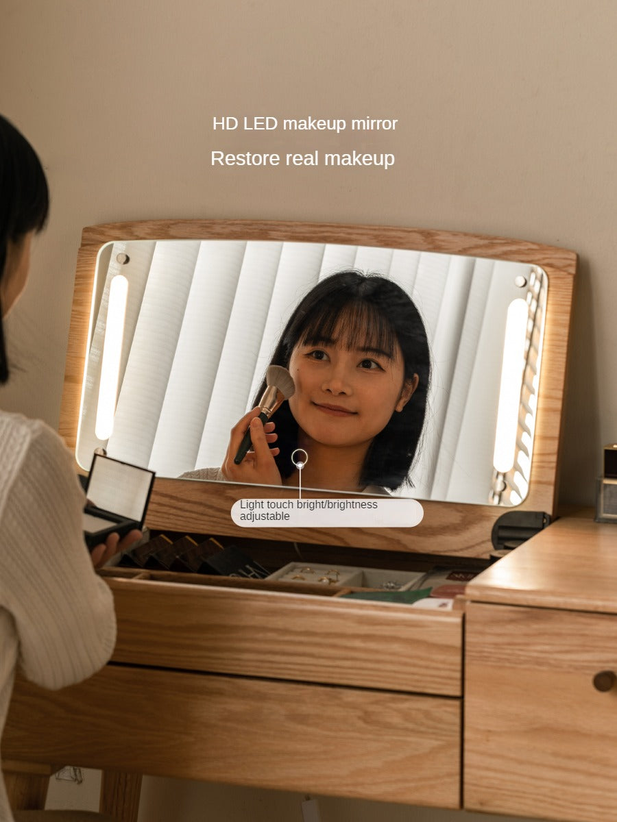 Oak Solid Wood, Solid RubberWood Vanity Table Mirror LED Touch Light.