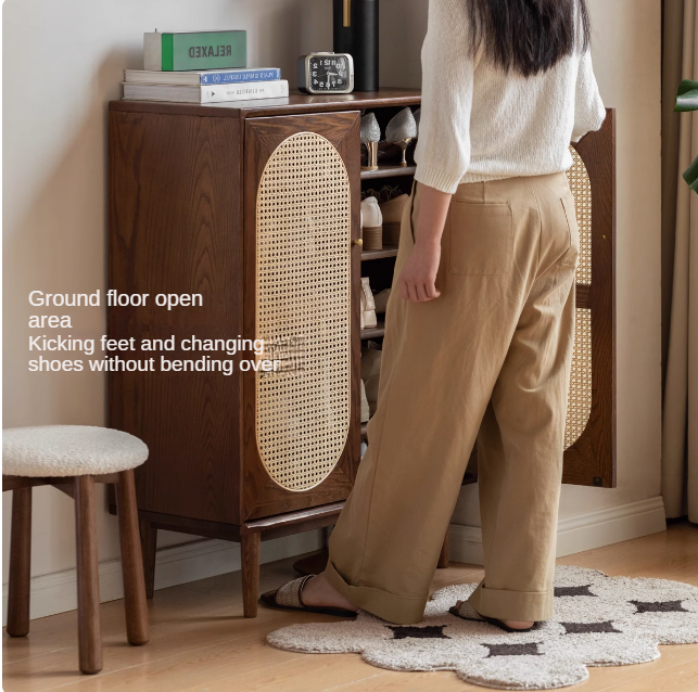 Oak Solid Wood Rattan Wall-Mounted Shoe Cabinet