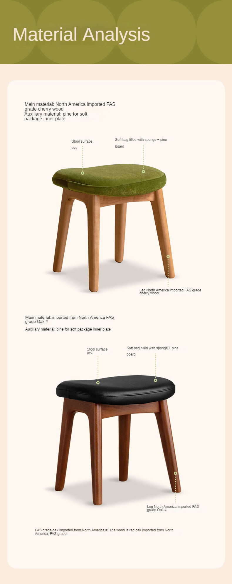 Oak, Cherry Solid Wood Makeup Soft Stool.