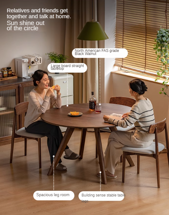 Black Walnut Solid Wood Retro Round Dining Table.