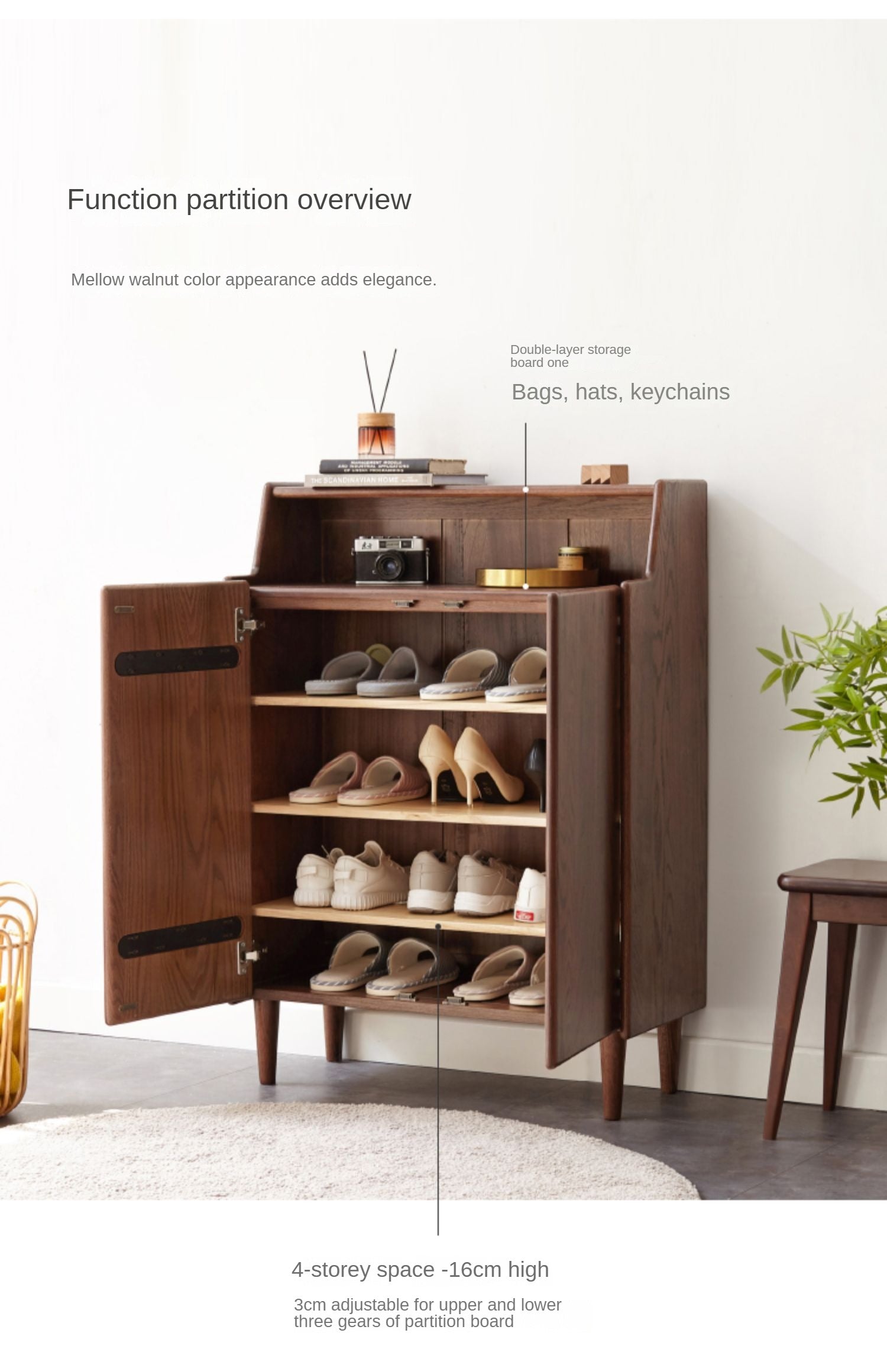 Oak Solid Wood, Solid RubberWood Shoe Entrance Porch Cabinet