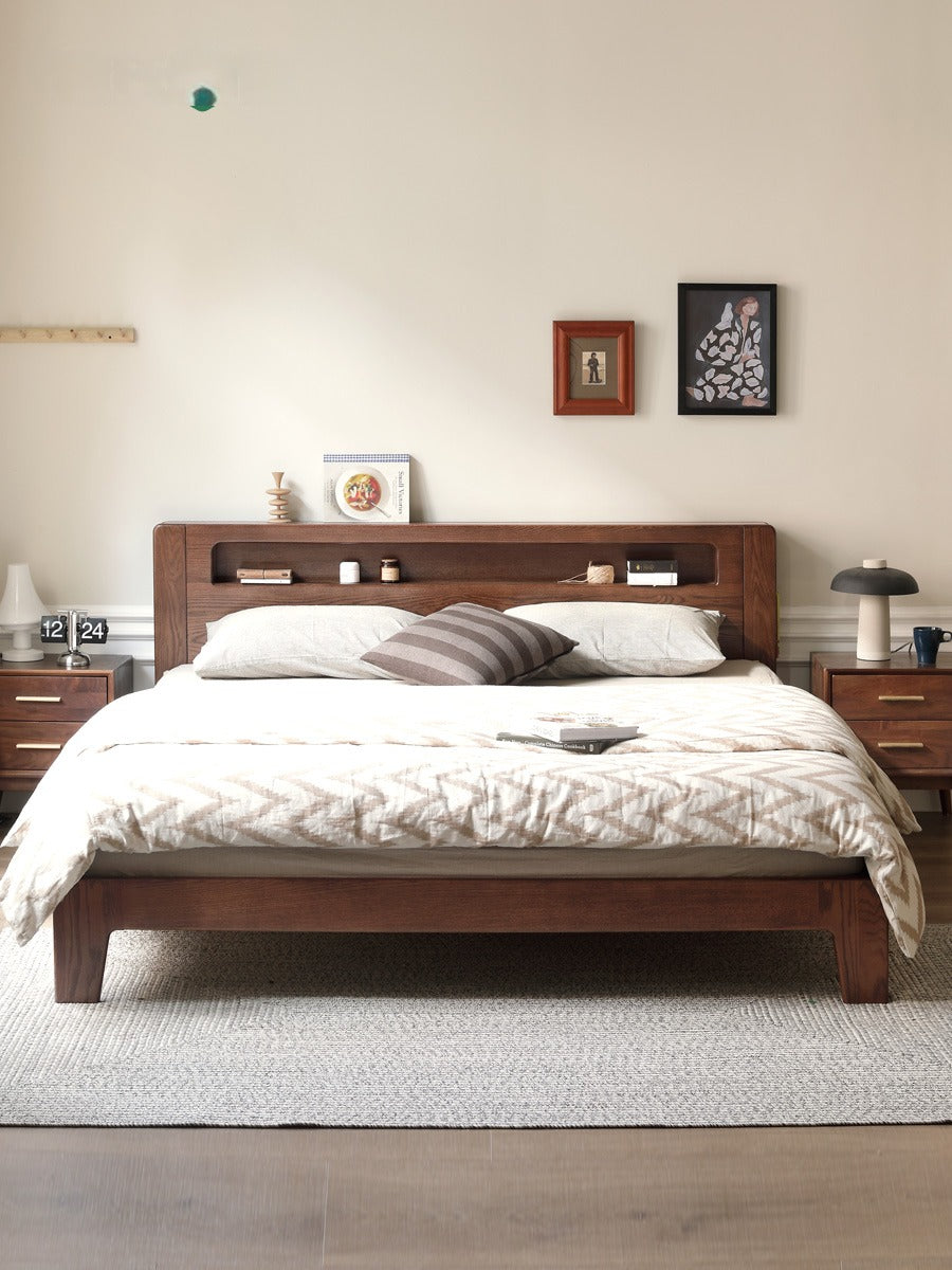 Oak solid wood bed with light walnut-color