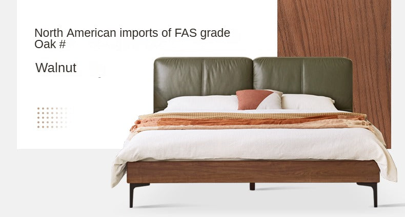 Oak,Black Walnut Solid Wood Soft Genuine Leather Bed Light Luxury