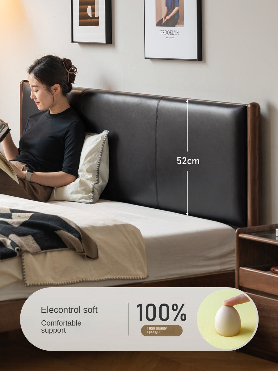 Black Walnut, Oak, Rubberwood Solid Wood Leather Soft Bed Italian Light Luxury