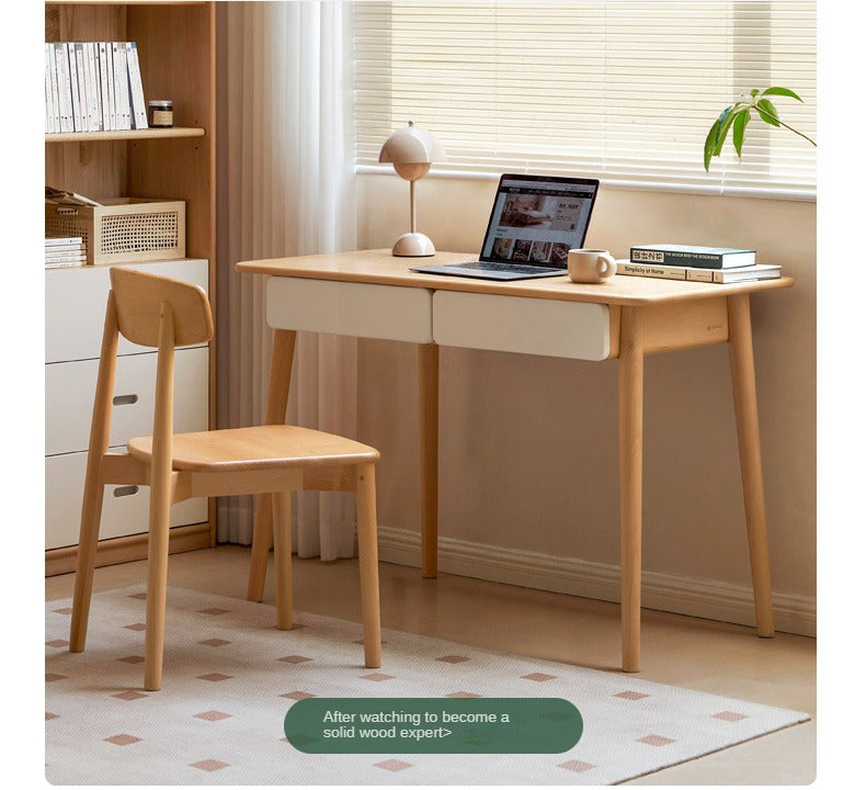 Beech Solid Wood Office Desk with 2 Drawers