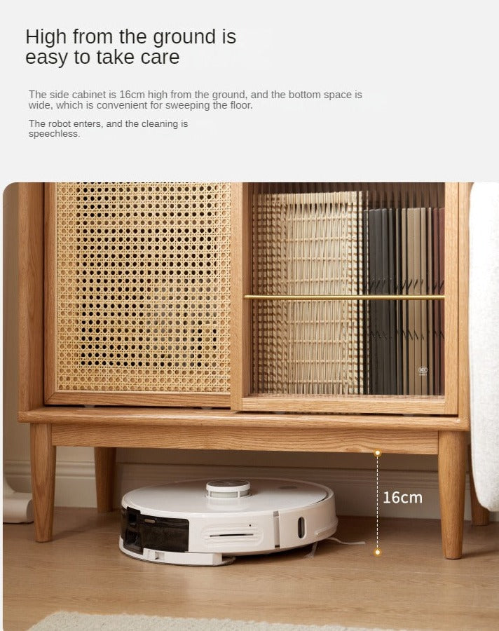 Oak Solid Wood Sliding Door Storage LED lights, Side Cabinet