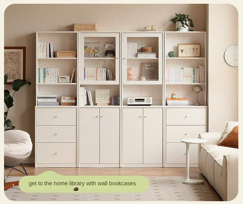 Poplar Solid Wooden Bookcase Cream White Free Combination Glass Door Display Cabinet