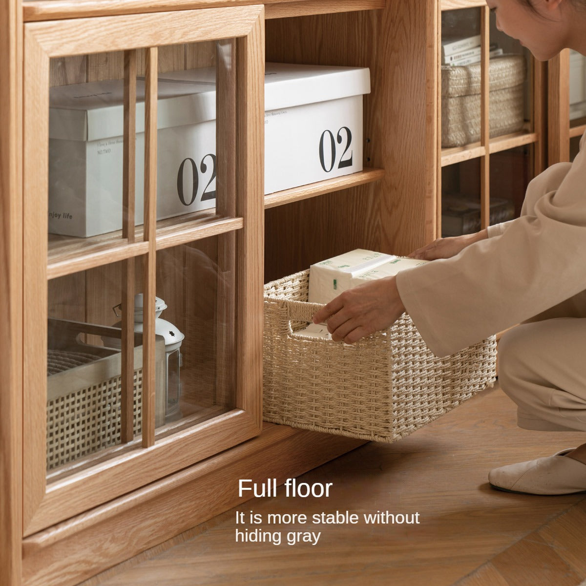 Oak Solid Wood Bookcase Floor to Floor Free Combination Sliding Door