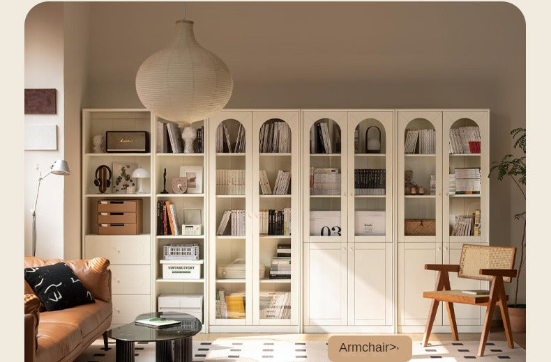 Poplar Solid Wood Bookcase White With Glass Door Whole Wall Combination French Cream Style