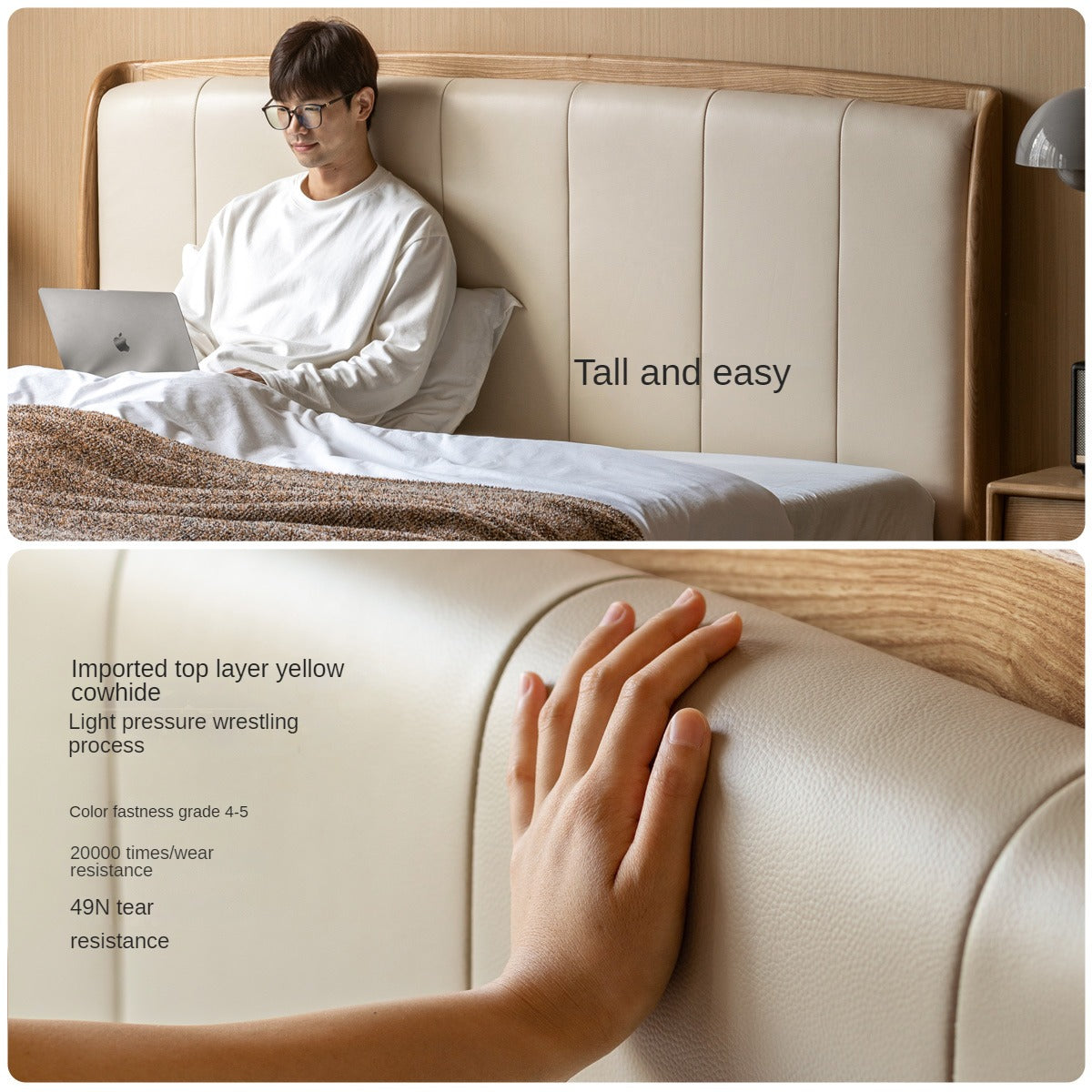 Ash Solid Wood Genuine Leather High Soft Back Bed