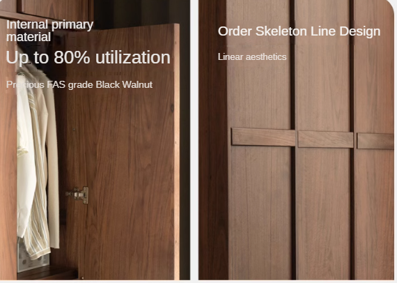 Oak, Cherry Wood, Black Walnut Solid Wood Retro Style Skeleton Line Large Wardrobe.