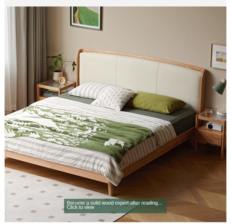Oak Solid Wood Genuine Leather, Tech Fabric Bed