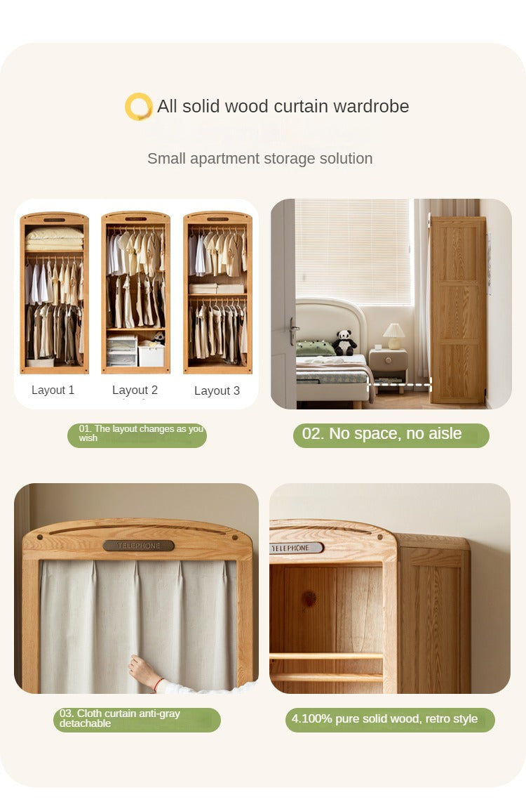 Oak Solid Wood, Solid Rubberwood Kids's Simple Wardrobe