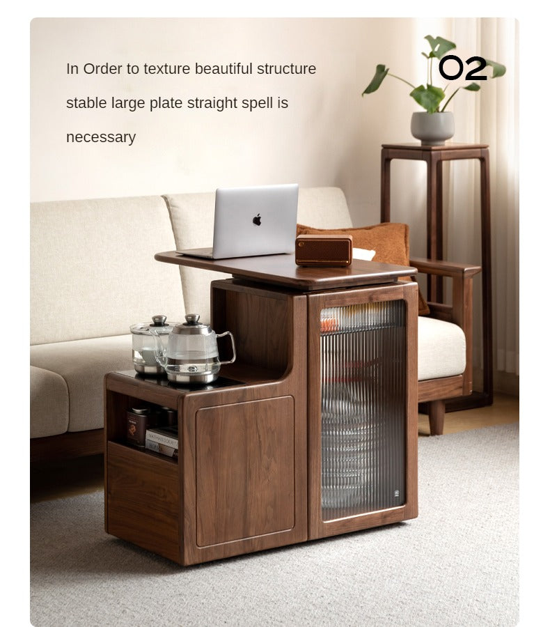 Black Walnut, Oak Solid Wood Movable Tea Cabinet With Tea Maker