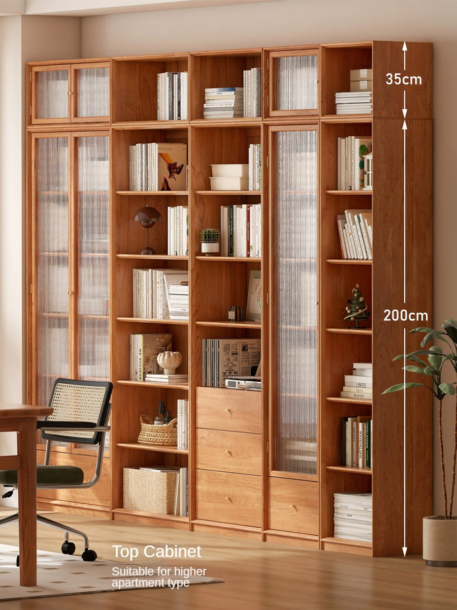 Cherry Wood Combination Bookcase Floor Shelf Glass Door Bookcase