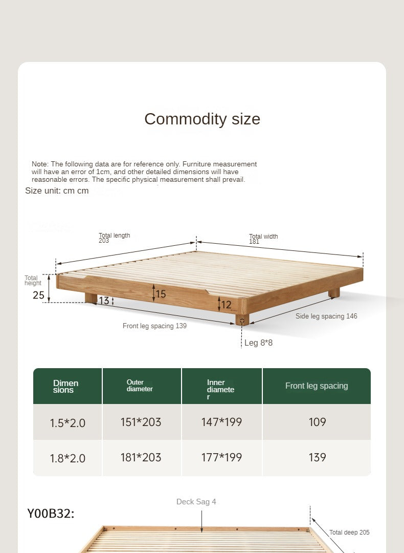 Oak, Beech Solid Wood Modern Platform Bed, Headboard-Free Suspended Bed with Light