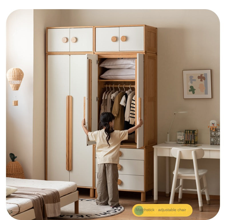 Oak Solid Wood Children's Wardrobe Combination Storage Cabinet