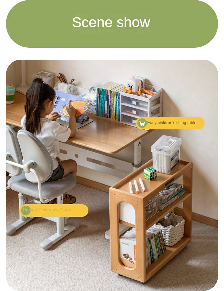 Beech Solid Wood Children's Under-Table Bookshelf with Wheels