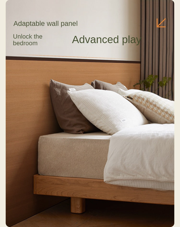 Cherry Wood Solid Wood platform bed, headboard-free bed with Light.