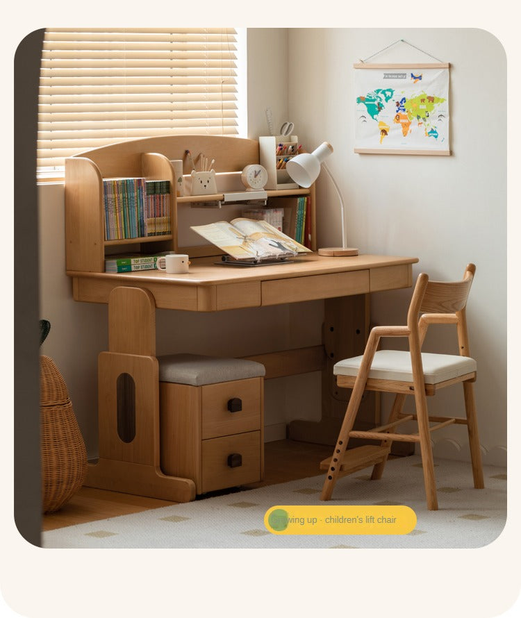 Beech Solid Wood Lifting Desk Bookshelf Combination