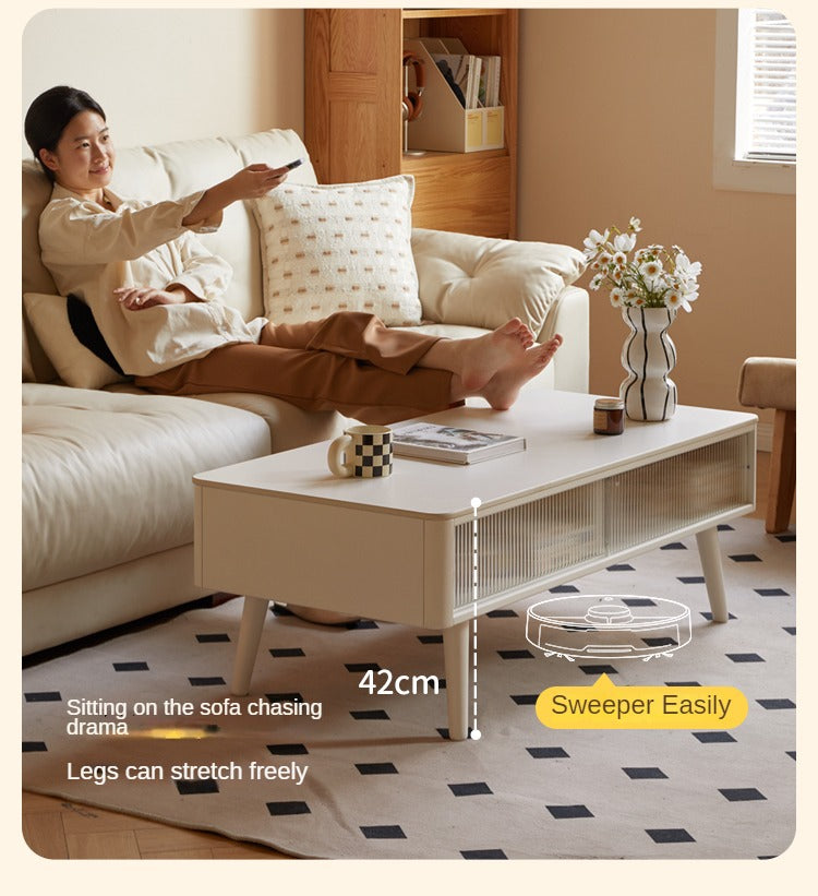 Rubber Solid Wood White Cream Style Rock Plate Coffee Table