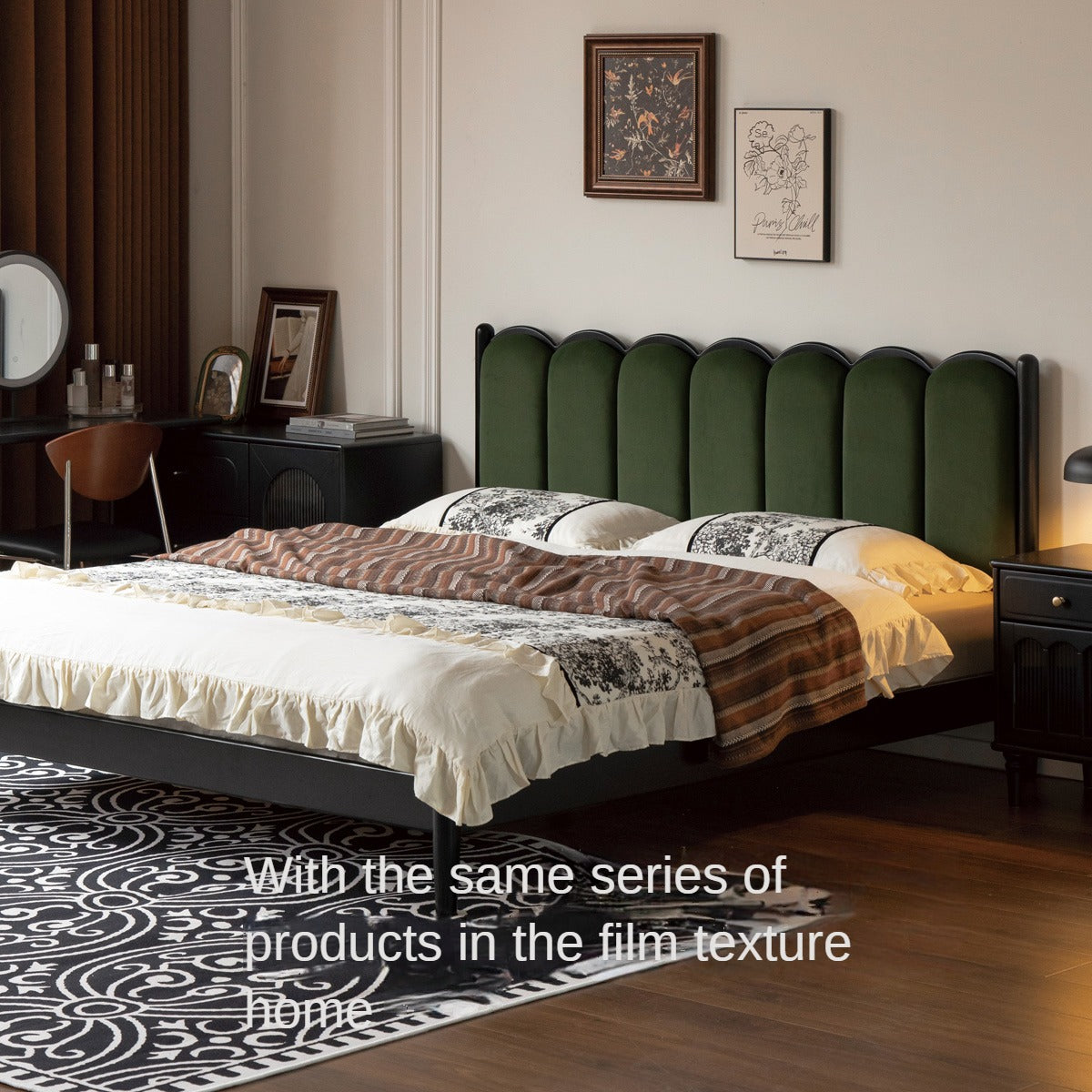 Rubber wood, Poplar Solid Wood Bed French Retro Style Black Harp Bed