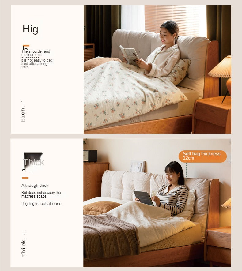 Cherry Solid Wood Box Bed Top Genuine Leather, Corduroy Suspended Bed