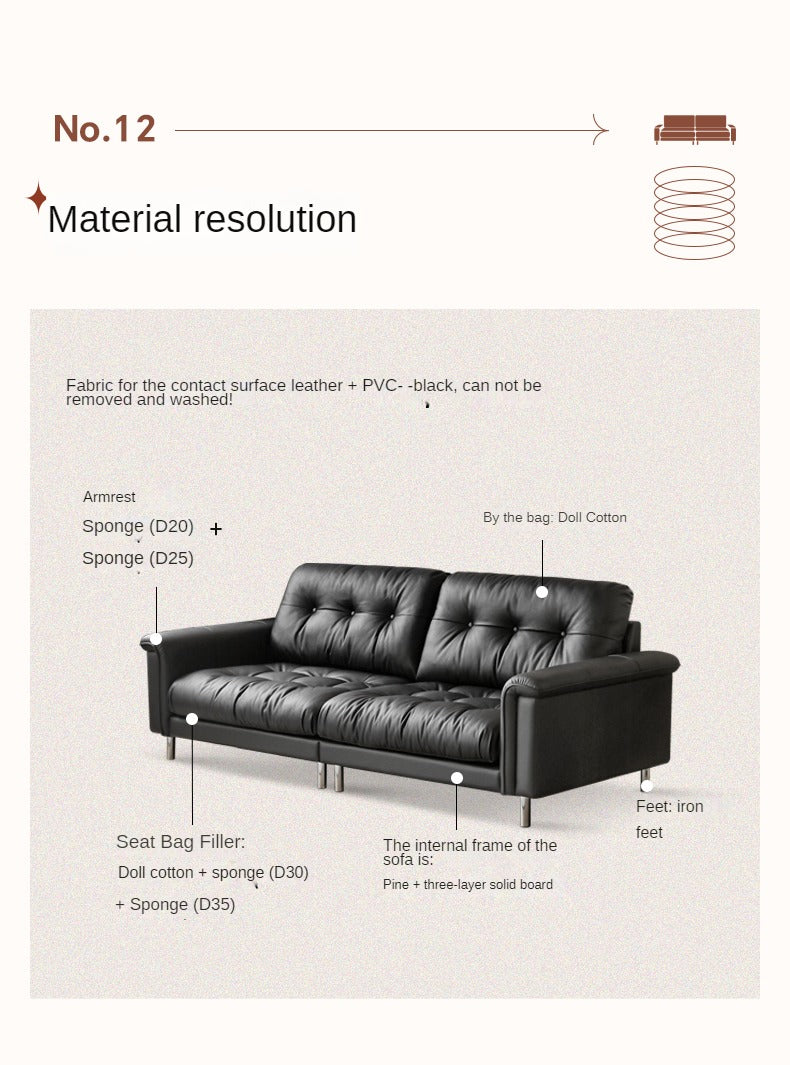Leather Light Luxury Black Straight Sofa,