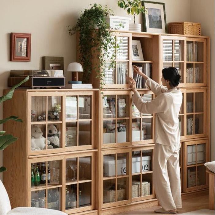 Oak Solid Wood Bookcase Floor to Floor Free Combination Sliding Door