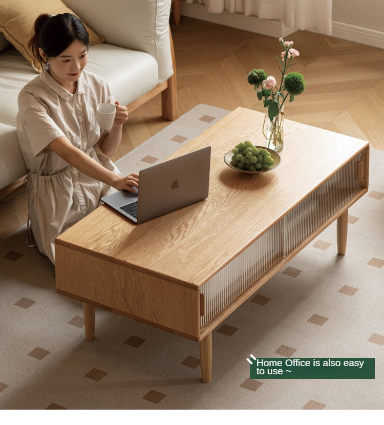 Oak, Beech, Solid Rubberwood Glass Doors Coffee Table