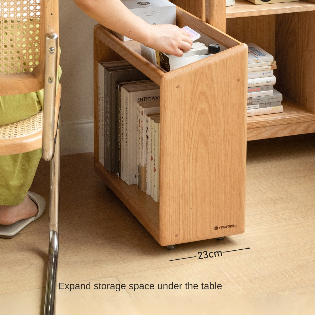 Oak, Solid Rubberwood Under-Table Bookshelf Movable