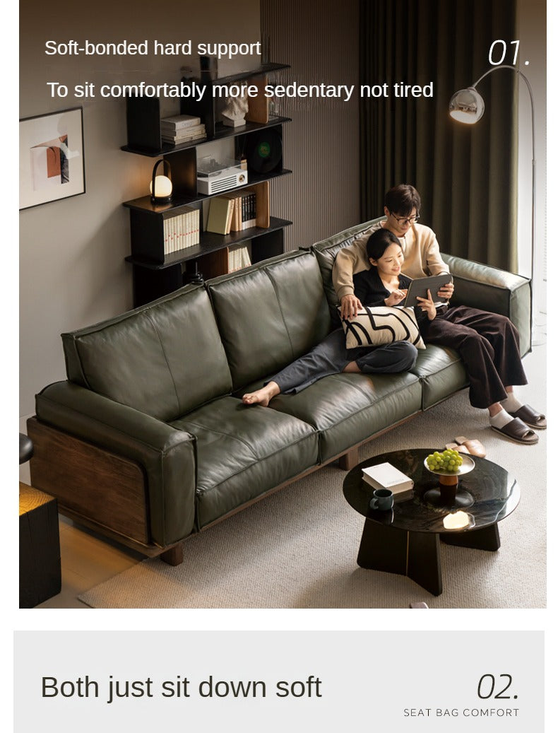 Black Walnut Solid Wood Leather Sofa.