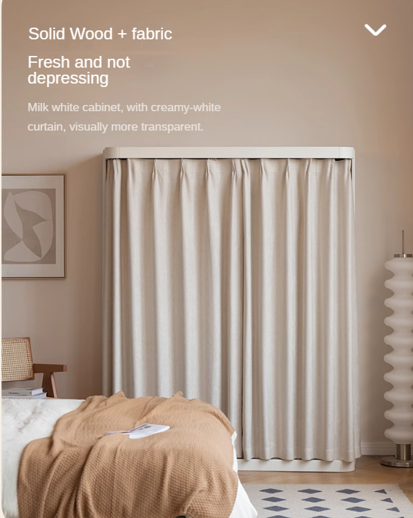 Poplar Solid Wood White Cream Walk-in Curtain Wardrobe.